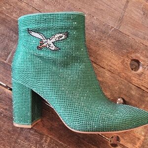 NWB Philadelphia Eagles Cuce Crystal Heel Booties, Kelly Green, Sz 9  & 10